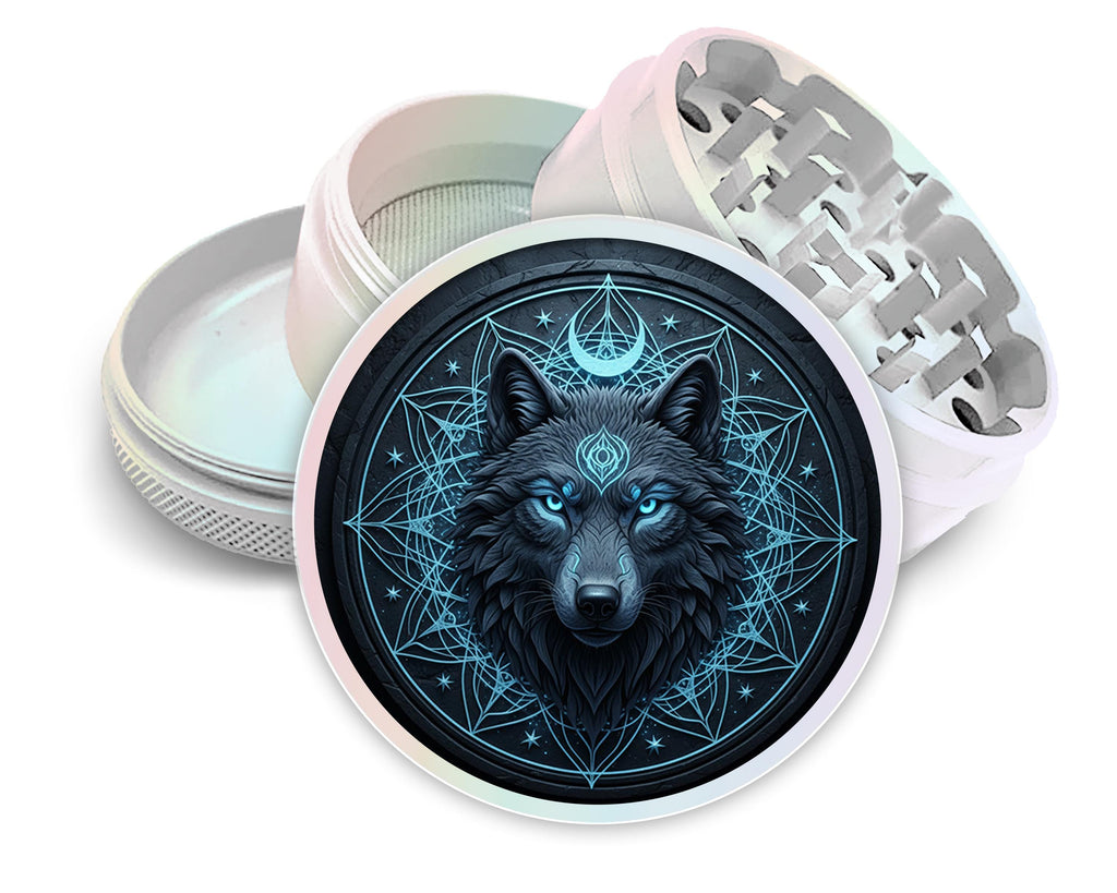 Lunar wolf sigil design on pearl white herb grinder with open product view