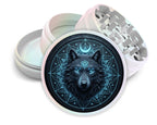 Lunar wolf sigil design on pearl white herb grinder with open product view