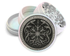 Intertwined runic serpents design on pearl white herb grinder with open product view