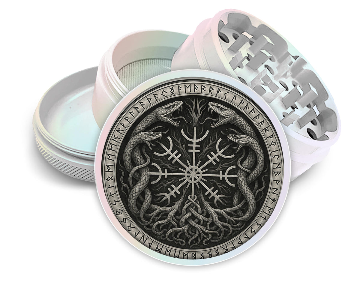 Intertwined runic serpents design on pearl white herb grinder with open product view
