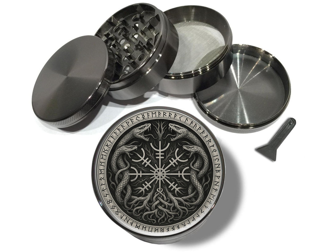 Intertwined runic serpents design on grey herb grinder with open product view