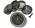 Intertwined runic serpents design on grey herb grinder with open product view