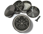 Intertwined runic serpents design on grey herb grinder with open product view