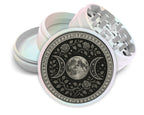 Triple moon and rose sigil design on pearl white herb grinder with open product view