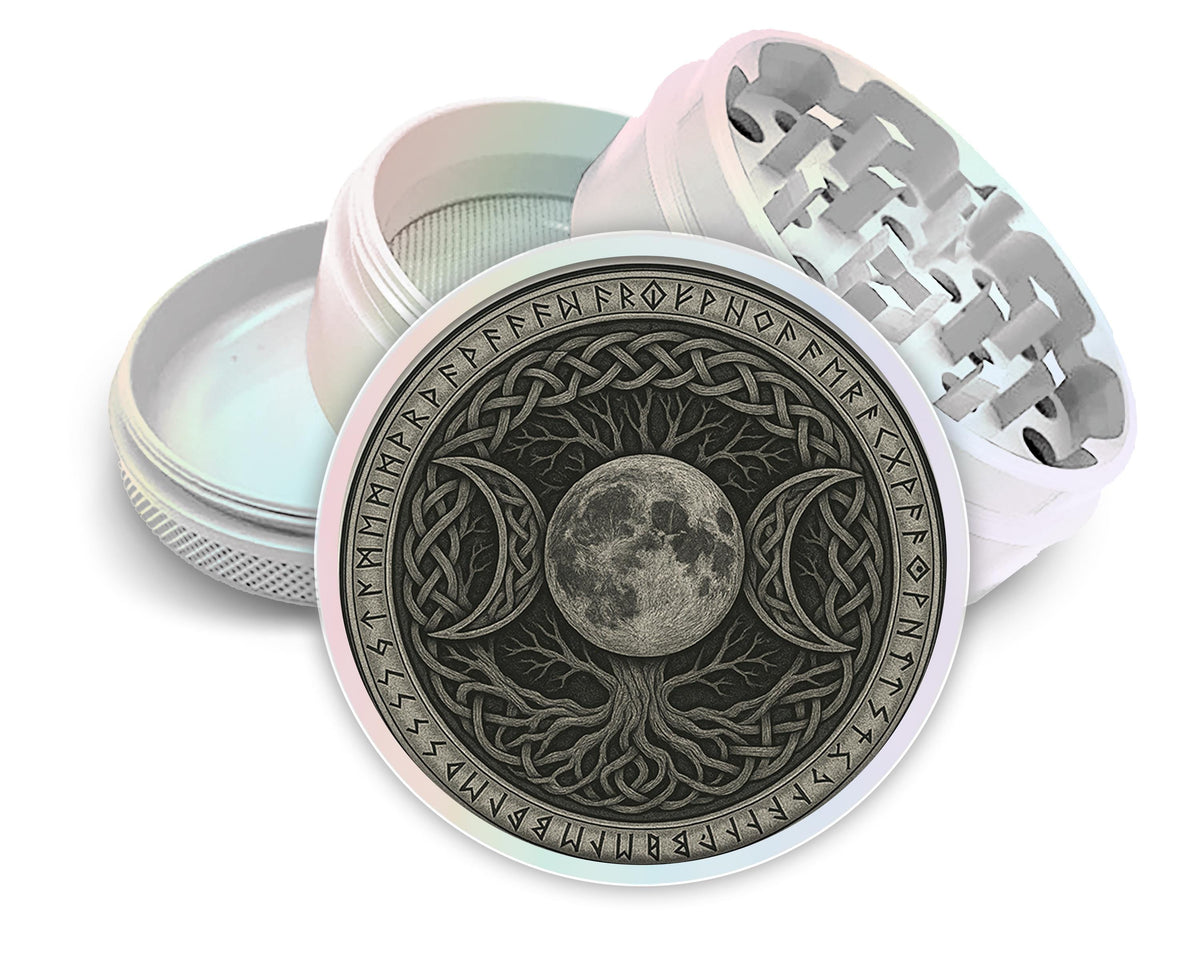 Celtic moon tree sigil design on pearl white herb grinder with open product view