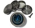 Storm serpent ouroboros design on grey herb grinder with open product view