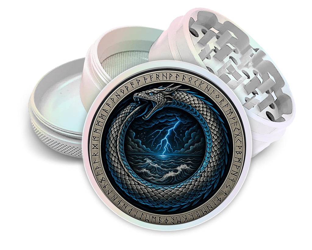 Storm serpent ouroboros design on pearl white herb grinder with open product view