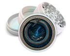Storm serpent ouroboros design on pearl white herb grinder with open product view