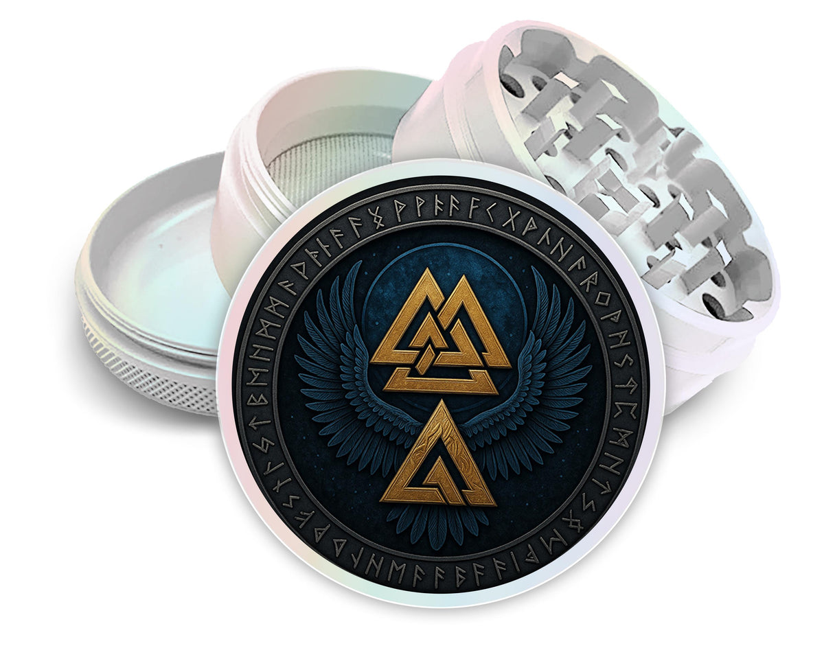Valknut wings and Norse runes design on pearl white herb grinder with open product view