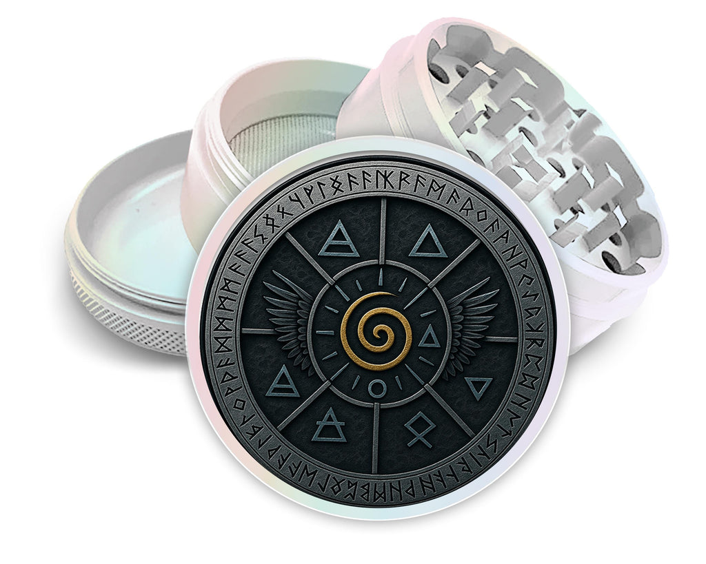 Elemental spiral and wing sigil design on pearl white herb grinder with open product view