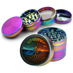 Valknut tree of seasons design on rainbow herb grinder with open product view