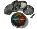 Valknut tree of seasons design on grey herb grinder with open product view