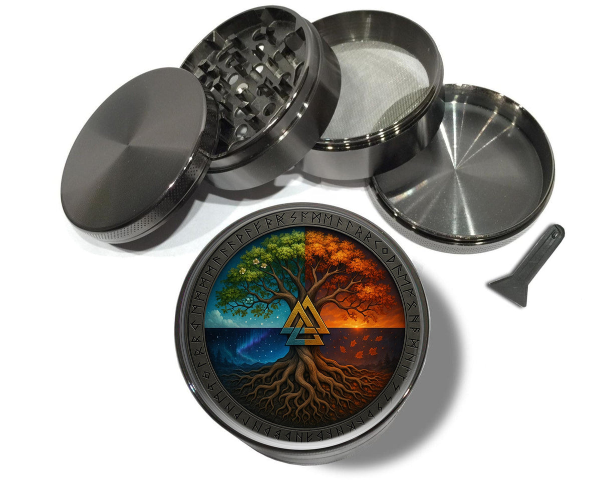 Valknut tree of seasons design on grey herb grinder with open product view