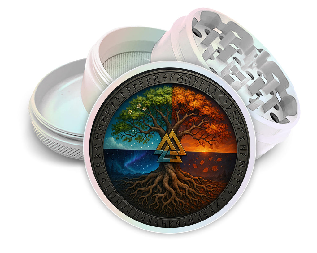 Valknut tree of seasons design on pearl white herb grinder with open product view
