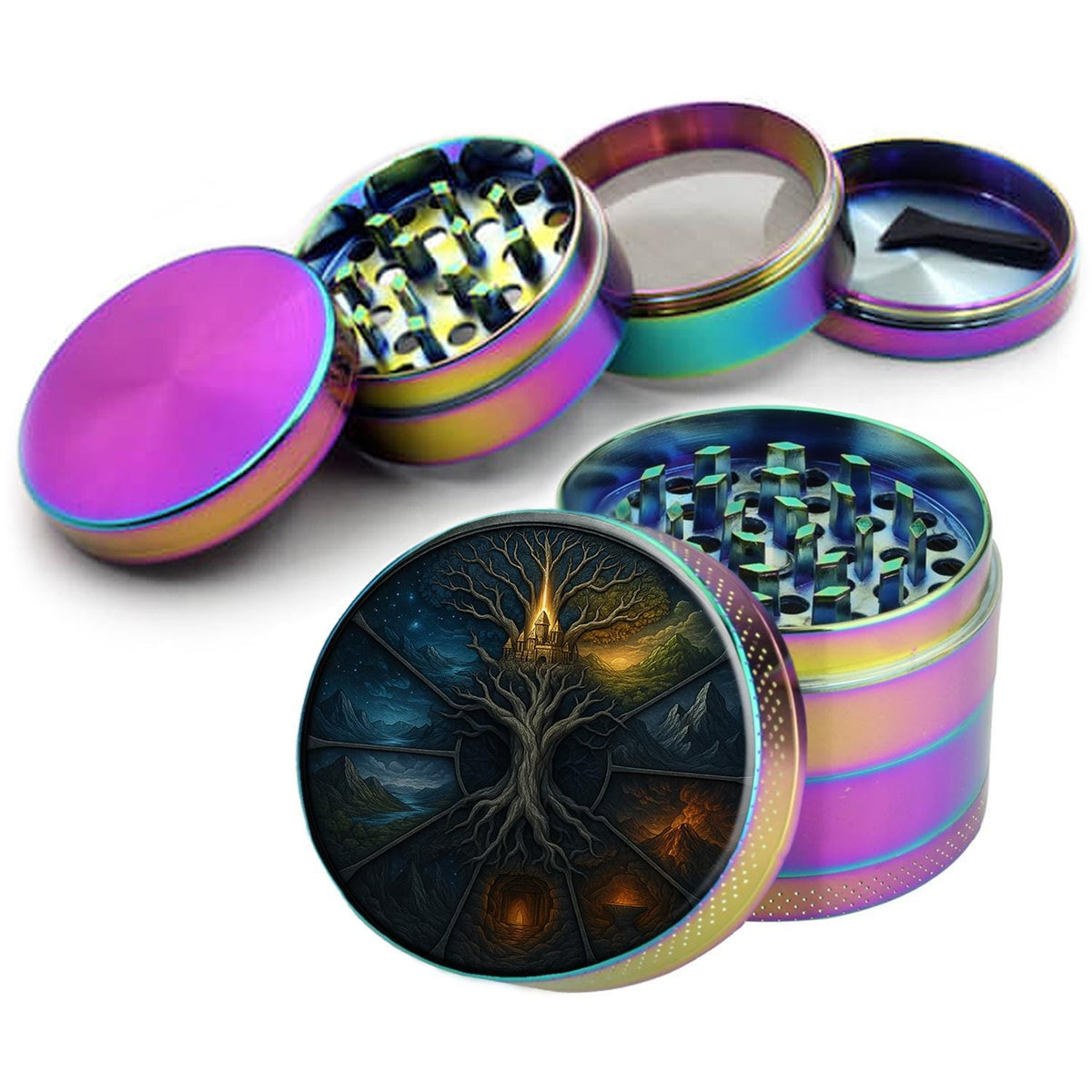 Yggdrasil tree and nine realms wheel design on rainbow herb grinder with open product view