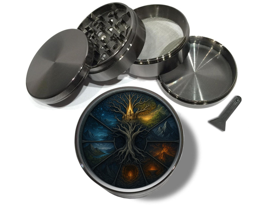 Yggdrasil tree and nine realms wheel design on grey herb grinder with open product view