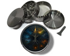 Yggdrasil tree and nine realms wheel design on grey herb grinder with open product view