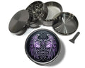 Celestial wings and knotwork crest design on grey herb grinder with open product view