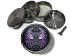 Celestial wings and knotwork crest design on grey herb grinder with open product view