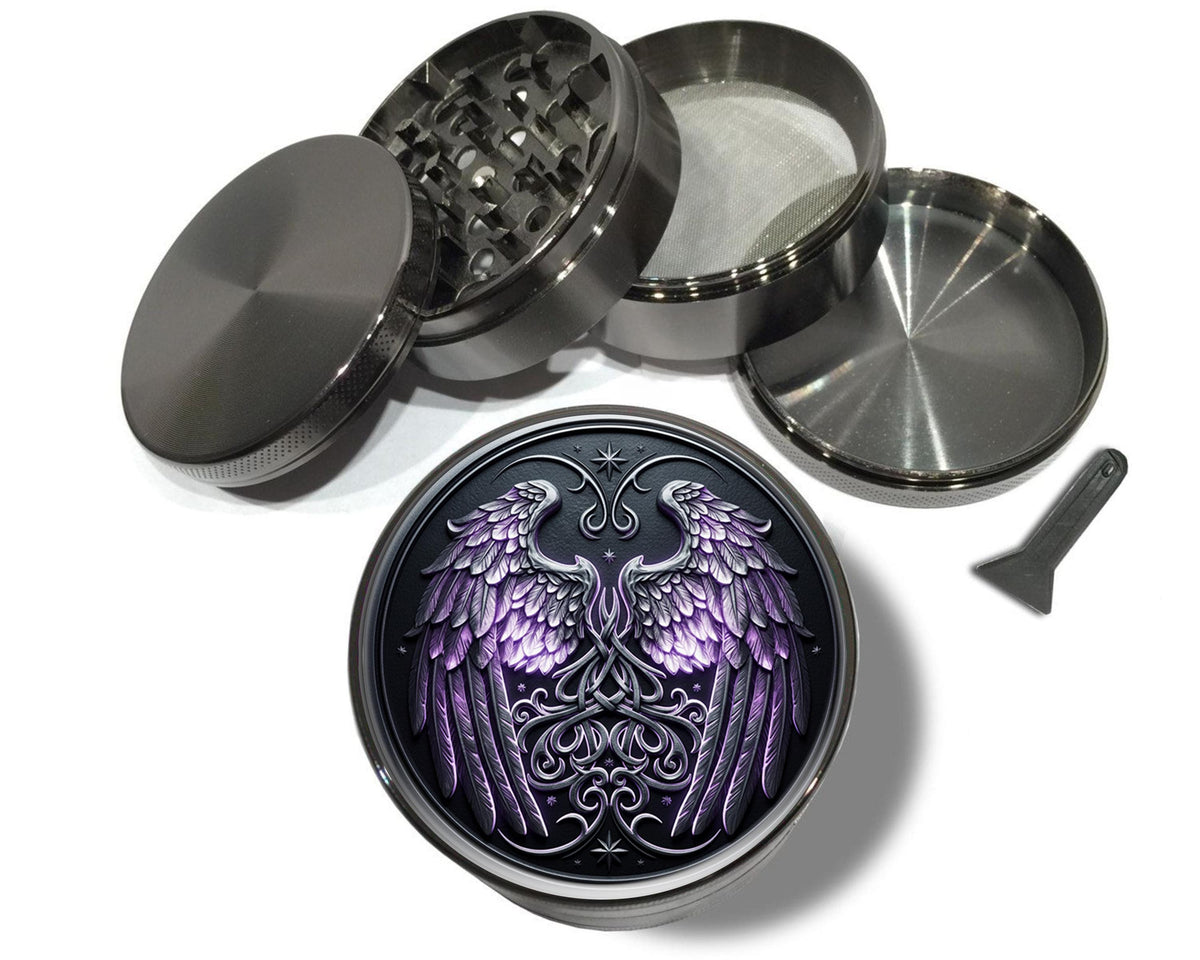 Celestial wings and knotwork crest design on grey herb grinder with open product view