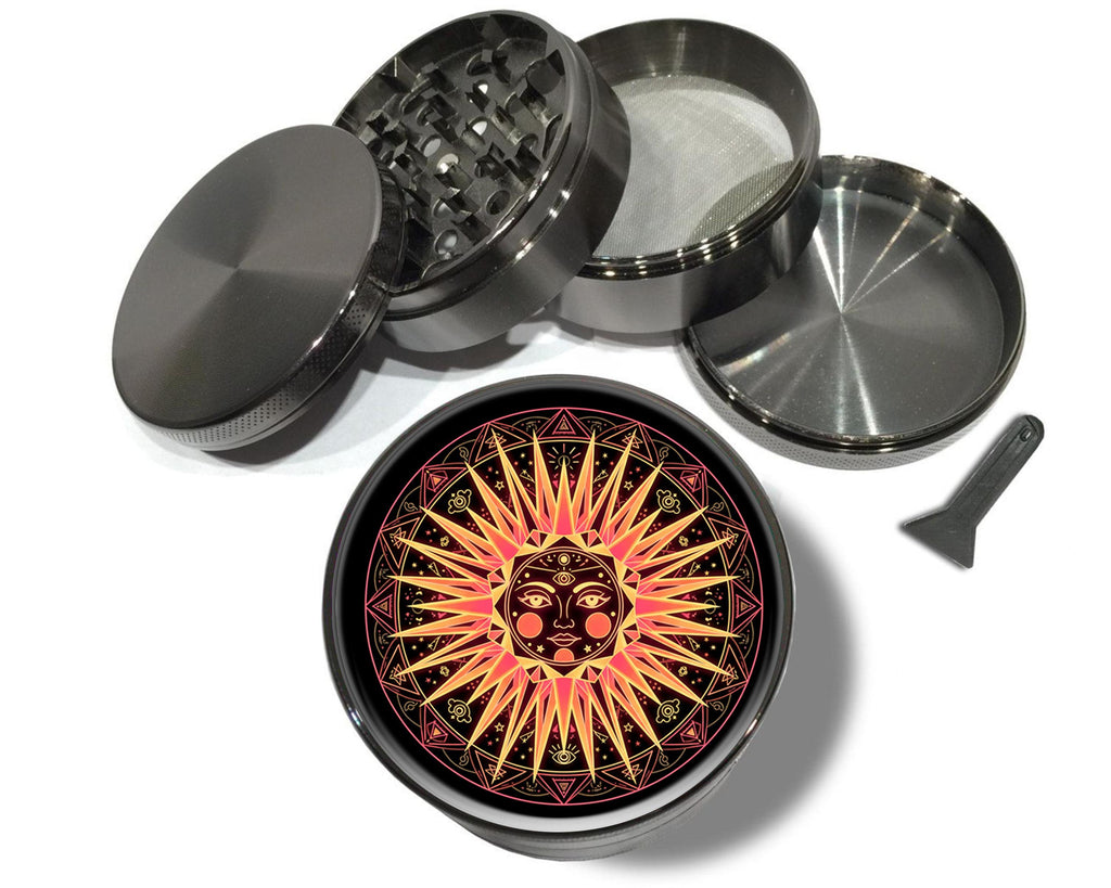 Celestial third-eye sun design on grey herb grinder with open product view
