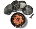 Celestial third-eye sun design on grey herb grinder with open product view