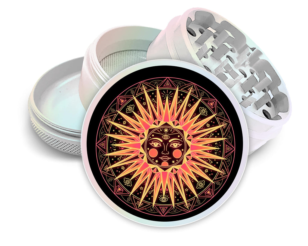 Celestial third-eye sun design on pearl white herb grinder with open product view