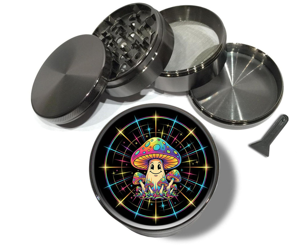 Rainbow mushroom character design on grey herb grinder with open product view