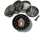Rainbow mushroom character design on grey herb grinder with open product view
