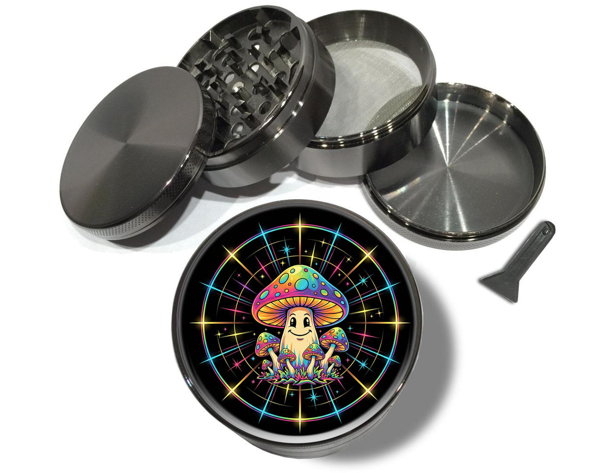 Rainbow mushroom character design on grey herb grinder with open product view