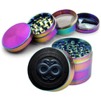 Infinity serpents rune circle design on rainbow herb grinder with open product view
