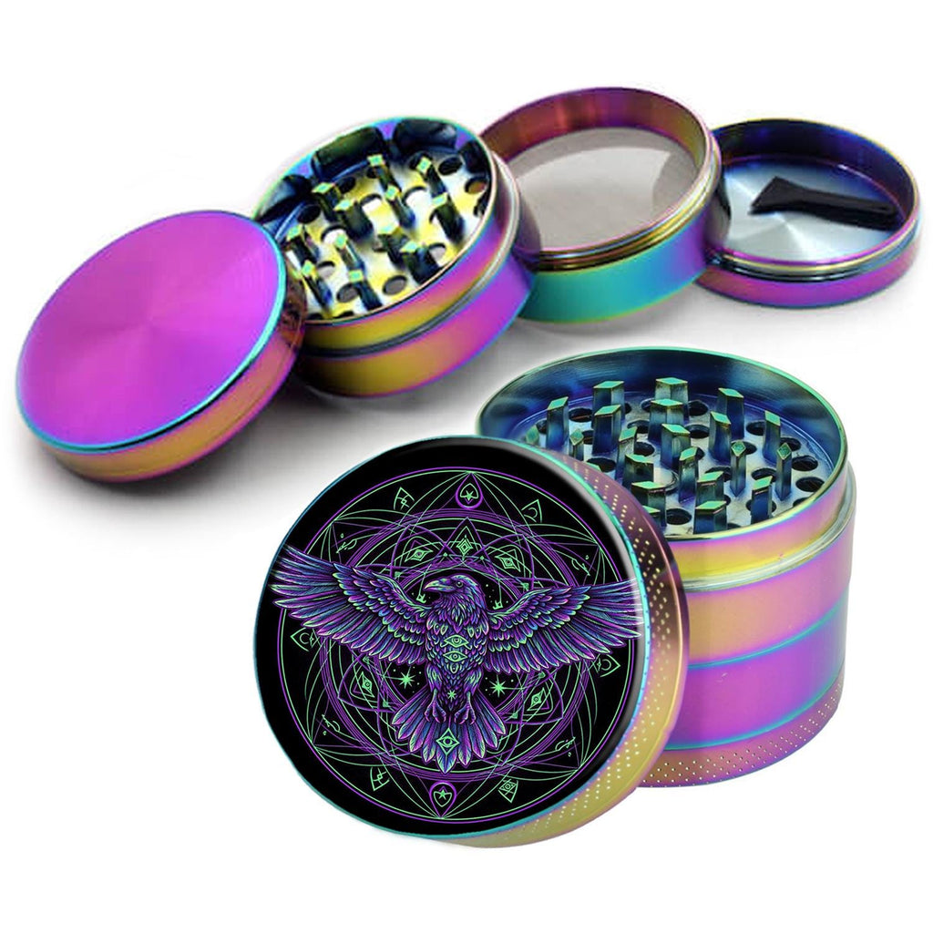 Purple raven sigil design on rainbow herb grinder with open product view