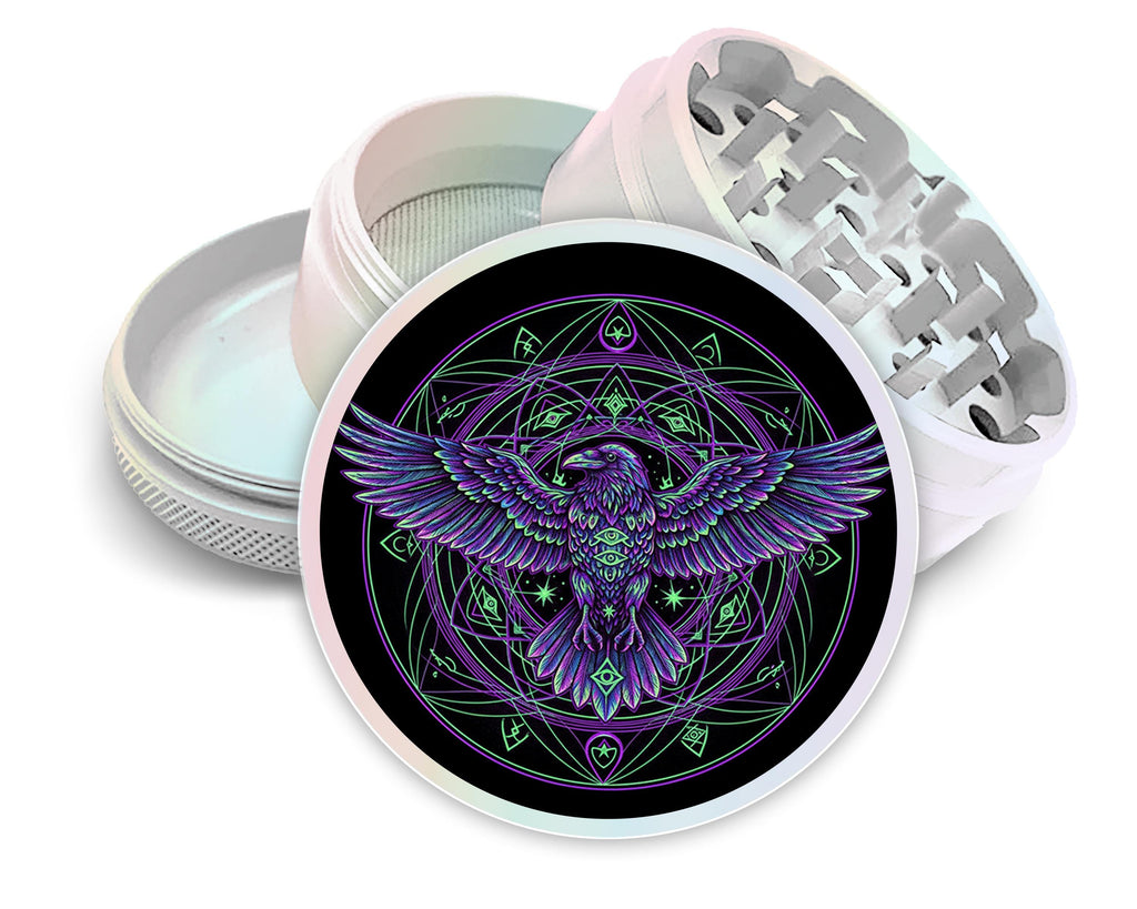 Purple raven sigil design on pearl white herb grinder with open product view