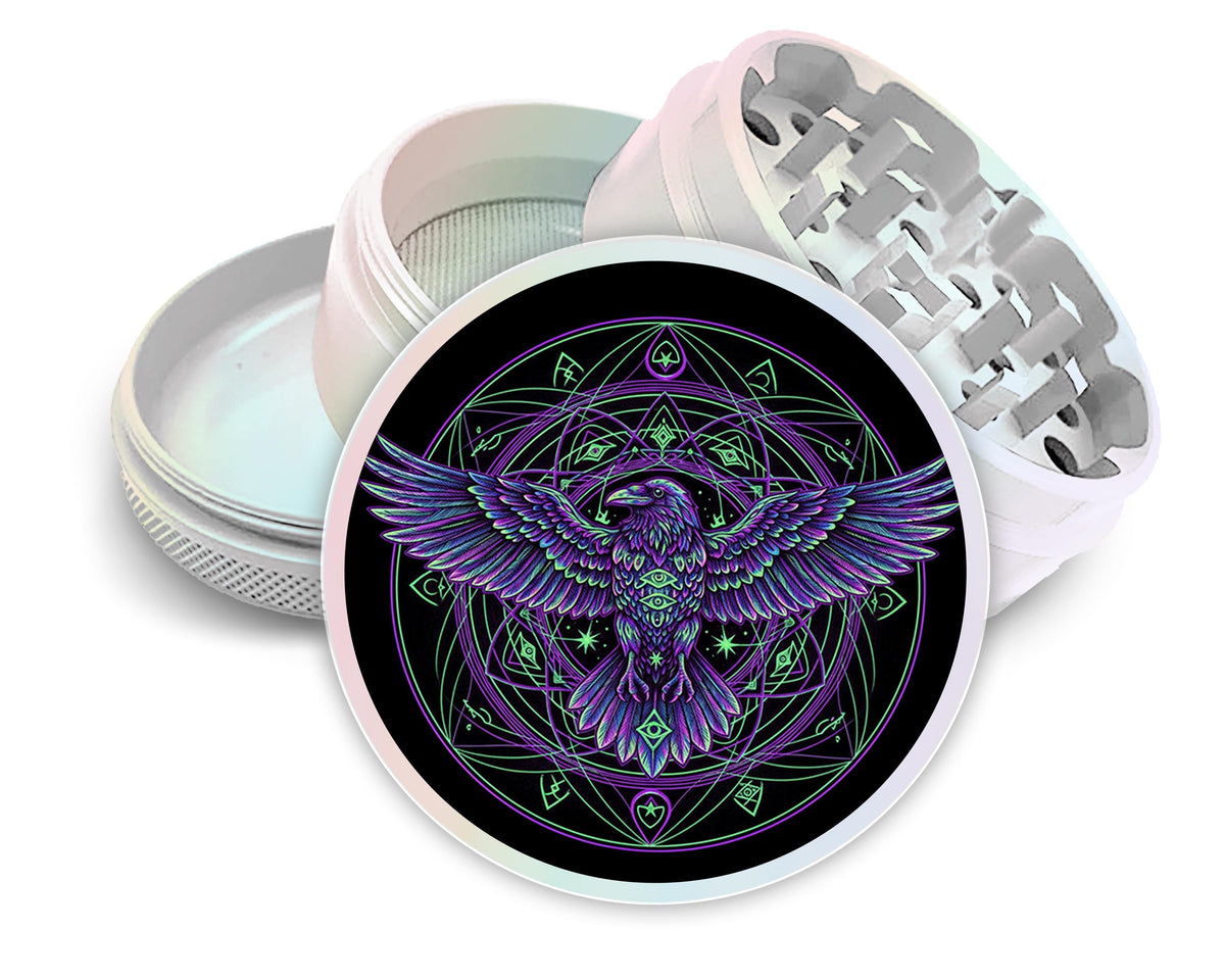 Purple raven sigil design on pearl white herb grinder with open product view