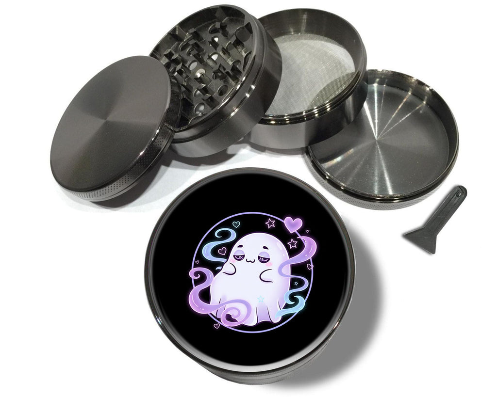 Pastel vaporwave ghost design on grey herb grinder with open product view
