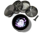 Pastel vaporwave ghost design on grey herb grinder with open product view
