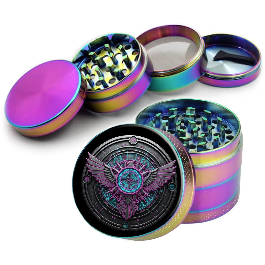 Winged circuit emblem design on rainbow herb grinder with open product view