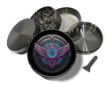 Winged circuit emblem design on grey herb grinder with open product view