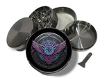 Winged circuit emblem design on grey herb grinder with open product view