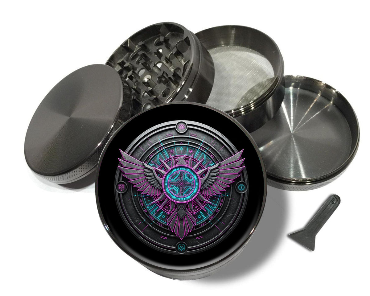 Winged circuit emblem design on grey herb grinder with open product view