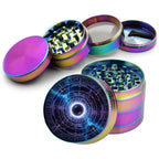 Galactic portal and star map design on rainbow herb grinder with open product view