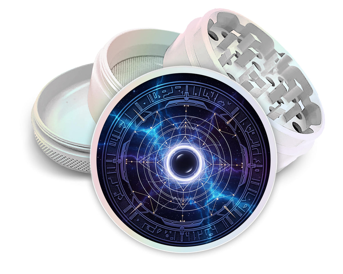 Galactic portal and star map design on pearl white herb grinder with open product view