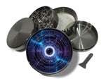 Galactic portal and star map design on grey herb grinder with open product view
