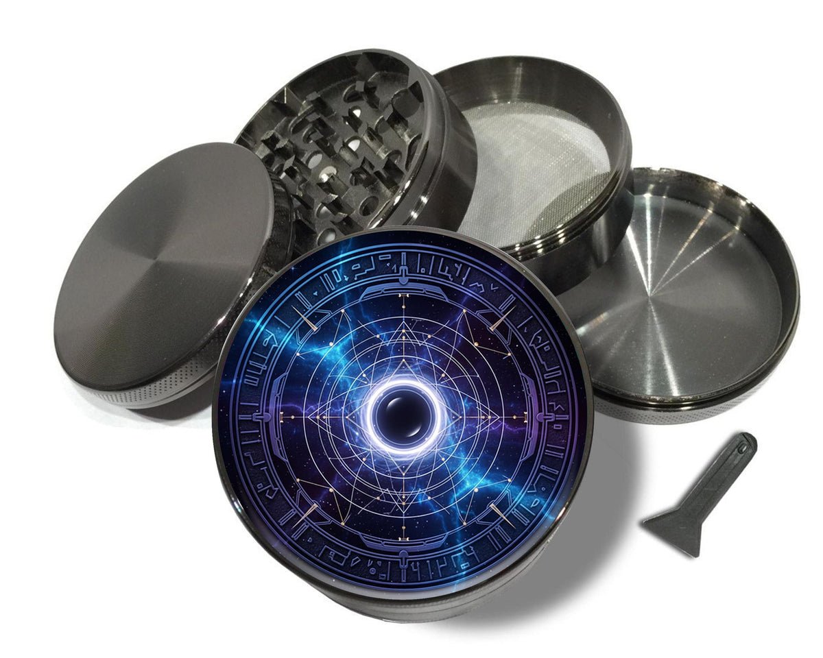 Galactic portal and star map design on grey herb grinder with open product view