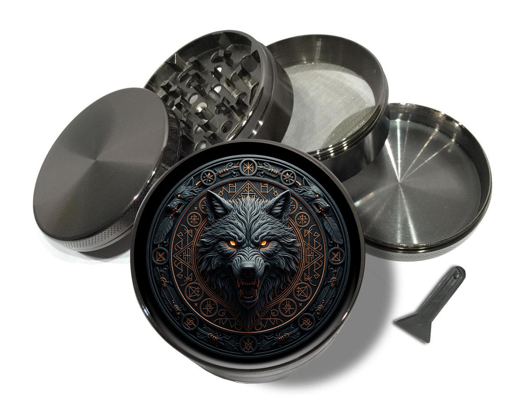 Runic wolf emblem design on grey herb grinder with open product view