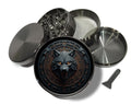 Runic wolf emblem design on grey herb grinder with open product view
