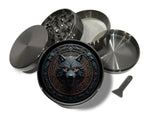 Runic wolf emblem design on grey herb grinder with open product view