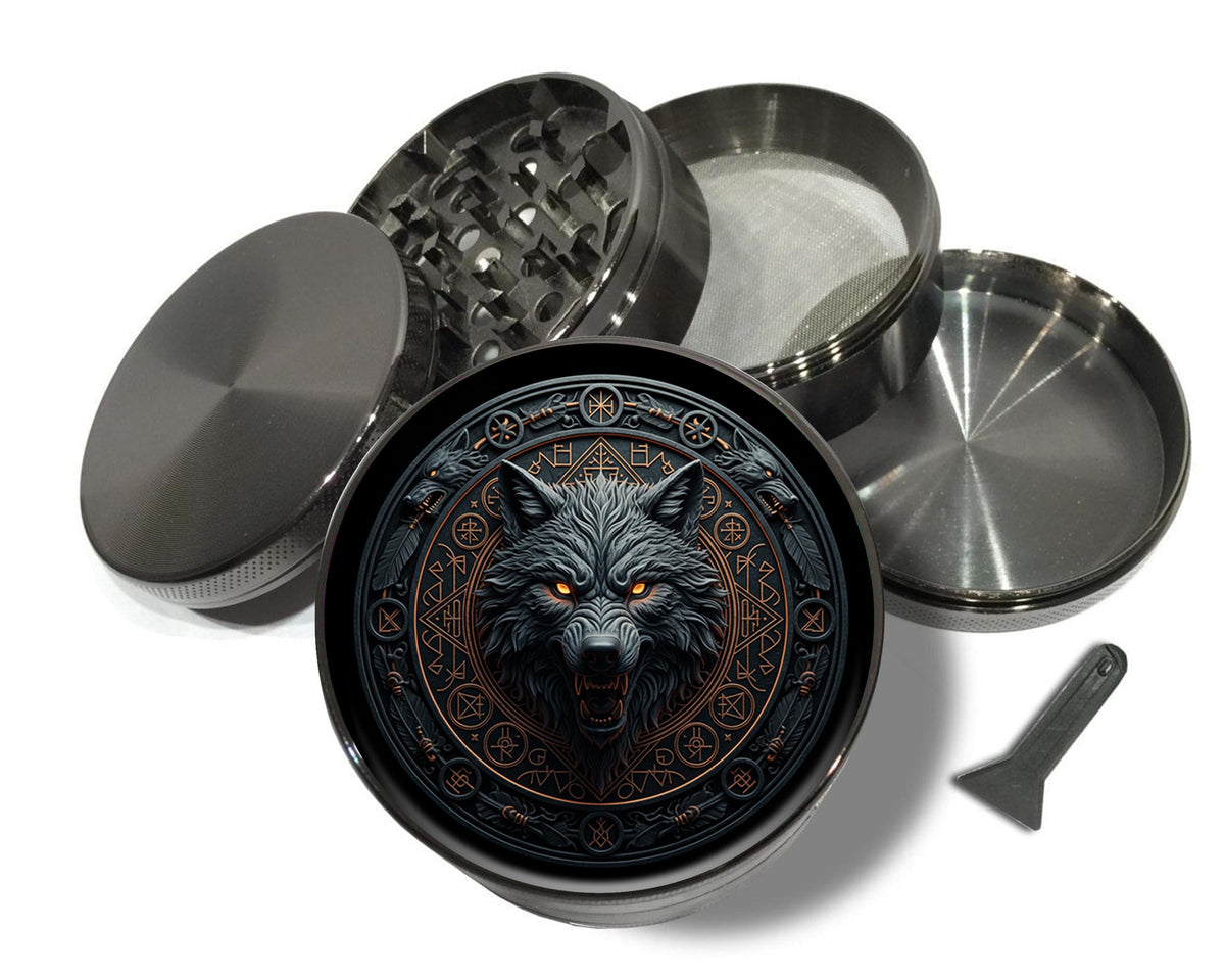 Runic wolf emblem design on grey herb grinder with open product view