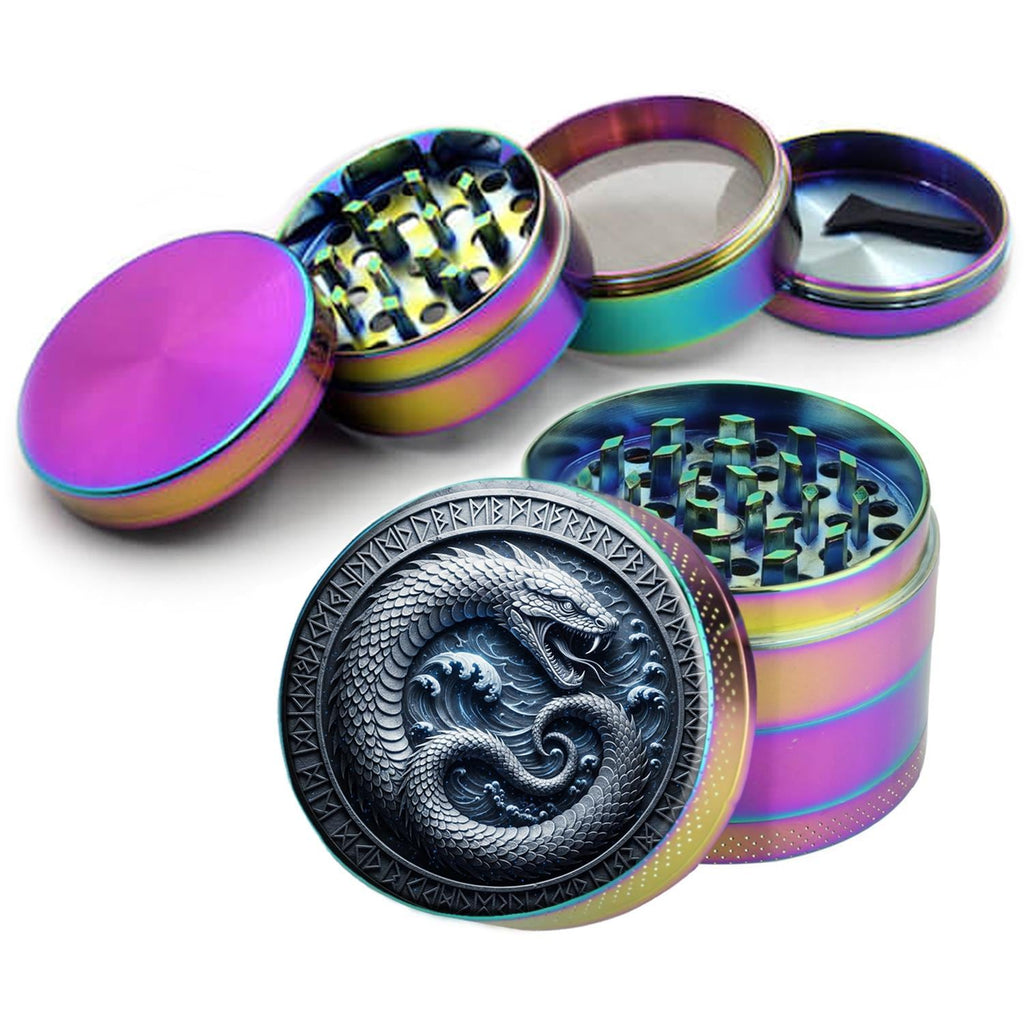 Oceanic ouroboros rune circle design on rainbow herb grinder with open product view