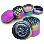 Oceanic ouroboros rune circle design on rainbow herb grinder with open product view